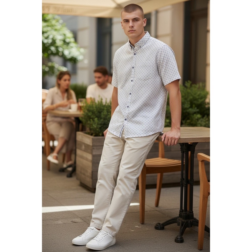 English Laundry Mens XXL White Micro Geometric Print Short Sleeve Button Up